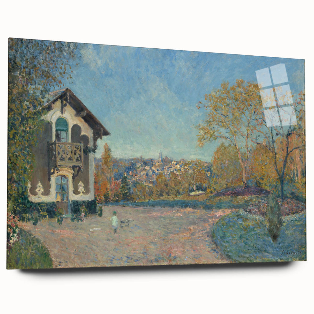 Acrylic print of Alfred Sisley's impressionist landscape in soft green and blue tones.