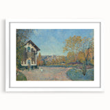 Abstract art print of a serene landscape in muted greens and blues on a white-framed canvas, suitable for dining room decor.