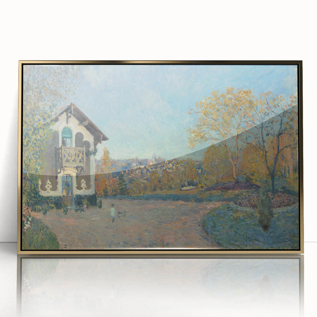 Large art print of Alfred Sisley's riverside landscape in muted earth tones, framed in gold acrylic.