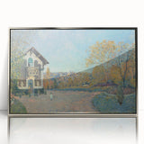 Mid-century modernist art featuring a subdued palette of Alfred Sisley’s riverscape, acrylic print in silver frame.