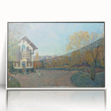 Art deco poster featuring a serene river landscape in soft blue and green tones, framed in white acrylic.