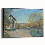 Black and white framed canvas featuring a vintage landscape painting, ideal for bedroom wall art.