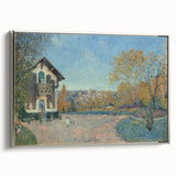 Landscape art painting of a serene river scene, framed in silver canvas, with muted colorful tones.