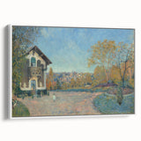 Vintage poster art of a colorful, Alfred Sisley design on a large framed canvas, ideal for living room decor.