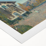 Art deco poster featuring a serene river landscape in muted blues and greens on rolled canvas, ideal for dining room decor.