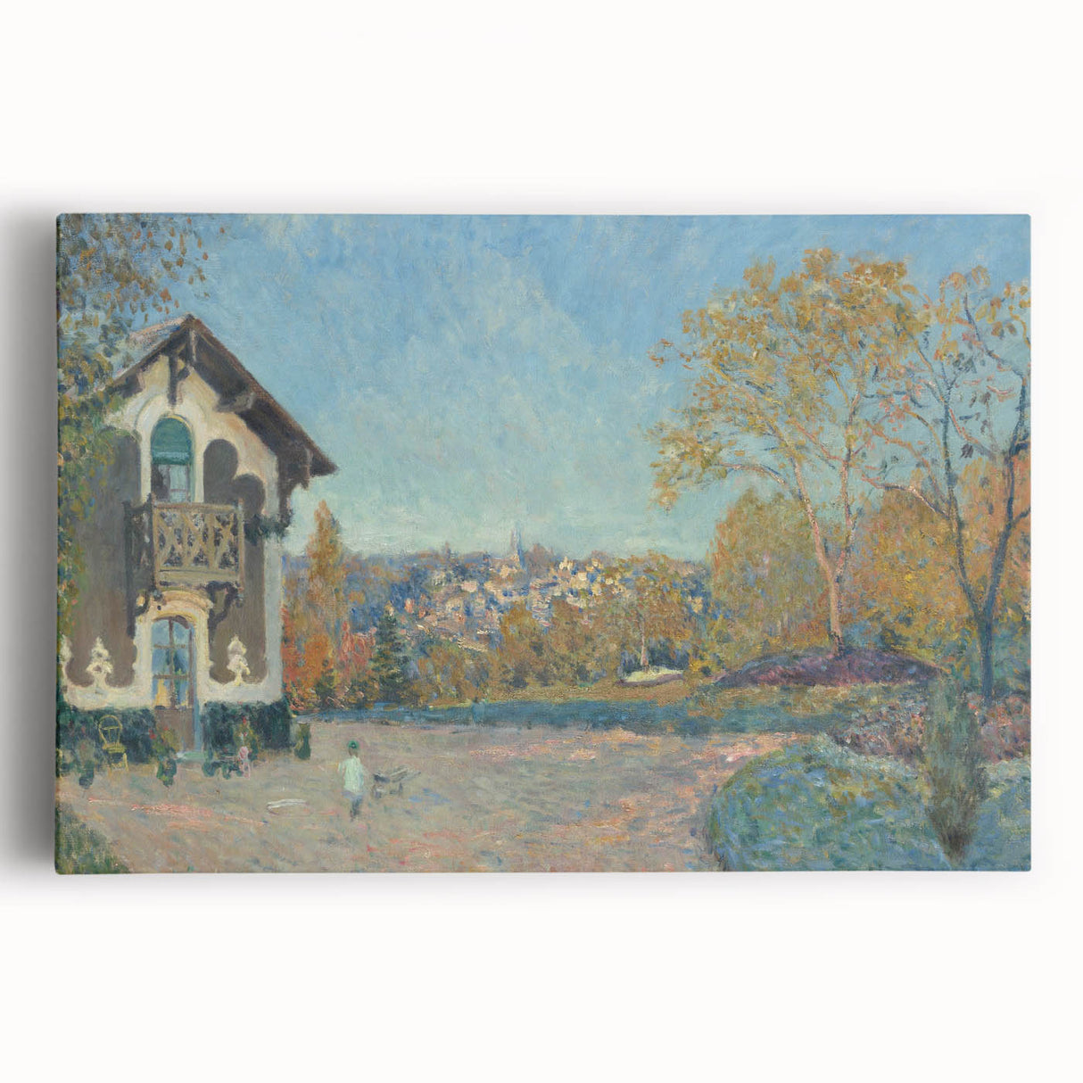 Black and white print of Alfred Sisley's impressionist painting on stretched canvas, ideal for kitchen art.