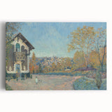 Black and white print of Alfred Sisley's impressionist painting on stretched canvas, ideal for kitchen art.