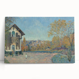 Black and white print of Alfred Sisley's landscape on stretched canvas, ideal for kitchen wall art or bedroom ambiance.