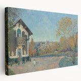 Alfred Sisley-inspired landscape on large stretched canvas, featuring soft pastel shades, ideal for kitchen wall art.