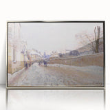 Mid-century modernist art depicting a tranquil river scene in soft pastel shades, framed in silver acrylic.