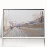 Acrylic print of Alfred Sisley's landscape painting in muted greens and blues, framed in white.