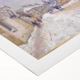 Art deco poster featuring a serene river landscape in muted green and blue tones, printed on rolled canvas.