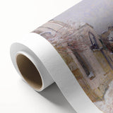 Art deco style poster of a serene river landscape in muted watercolor tones on rolled canvas, ideal for nursery wall art.