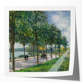 Alfred Sisley-inspired floral landscape in muted greens and blues on a glossy photo print.