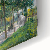 Mid-century modernist large abstract wall art in muted blues and greens on acrylic, ideal for dining room ambiance.