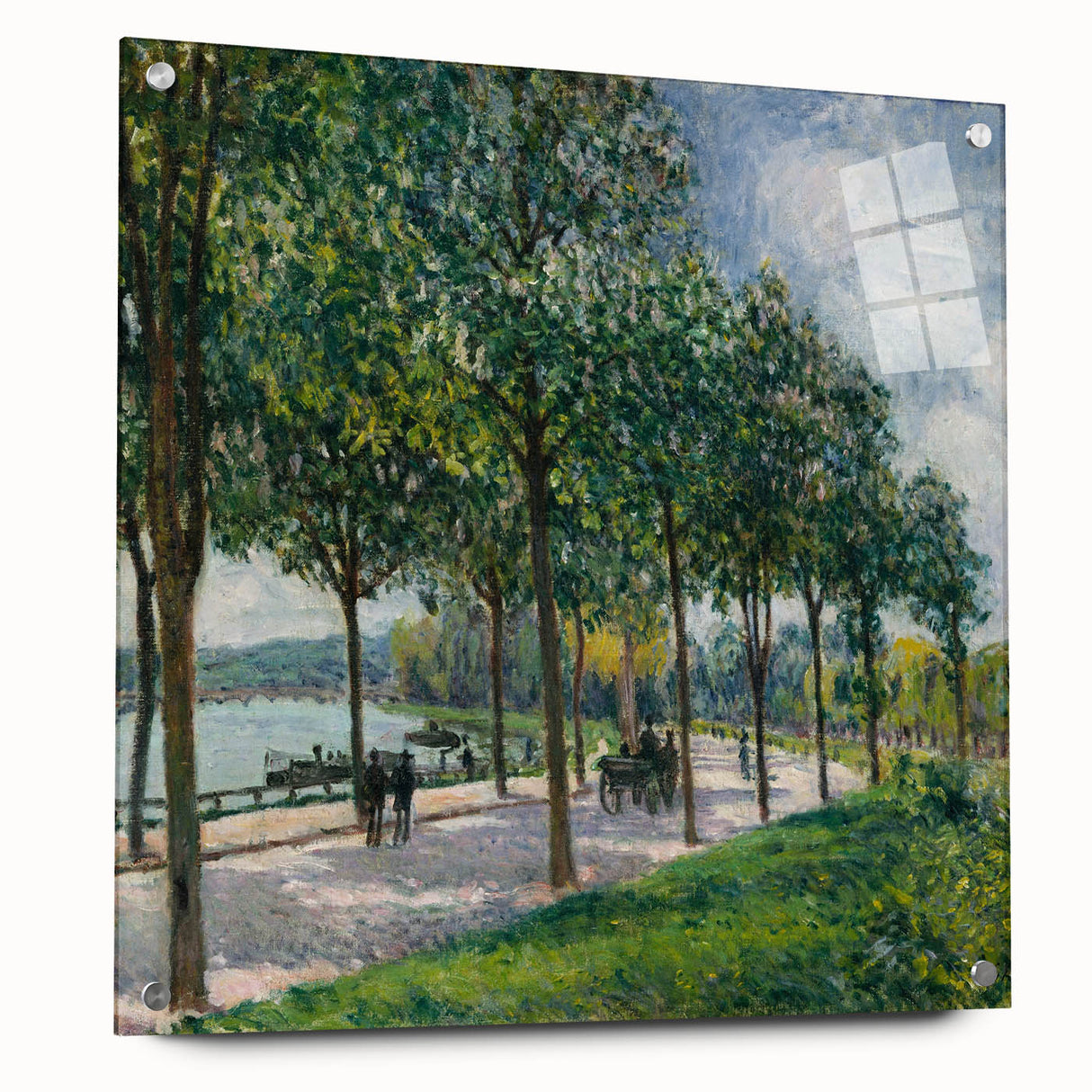 Acrylic print of Alfred Sisley's impressionist landscape with soft greens and blues, ideal for bedroom or dining room decor.