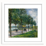 Abstract art print of a river landscape in soft blue and green tones on a white-framed canvas, ideal for dining room decor.