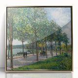 Acrylic print of Alfred Sisley's impressionist landscape in muted earth tones, framed in gold.