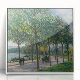 Art deco poster featuring a serene river landscape in muted blues and greens, framed acrylic.