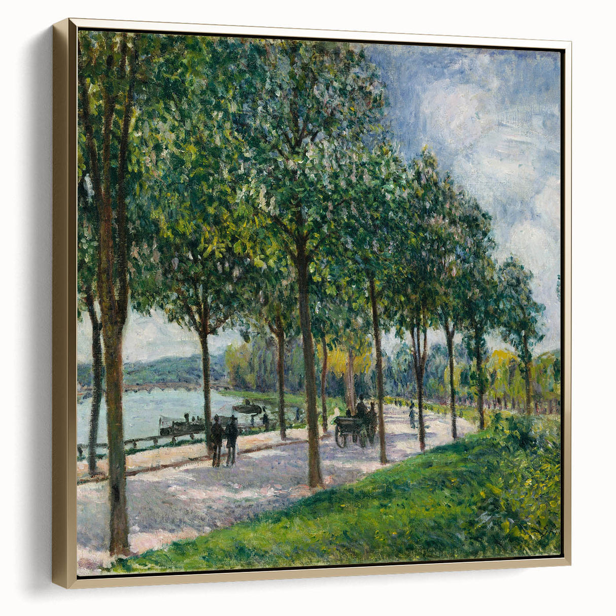 Framed canvas featuring a landscape painting by Alfred Sisley, with muted earth tones, ideal for bedroom wall art.