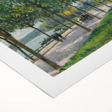 Art deco poster featuring a serene river landscape in muted green and blue tones, printed on rolled canvas.