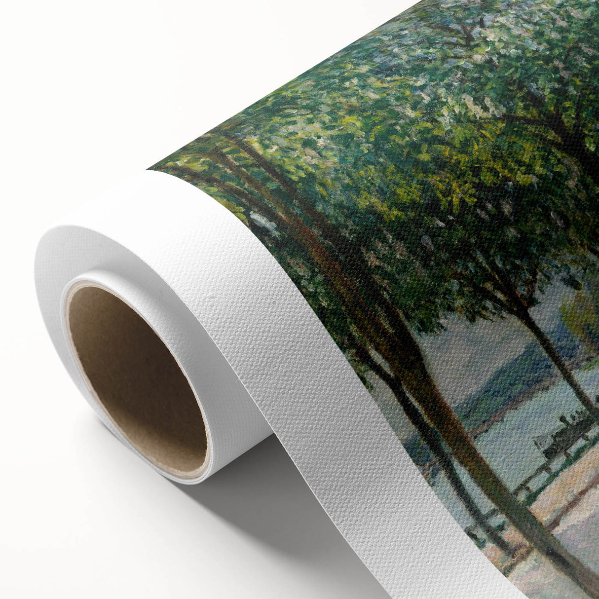 Art deco poster featuring a serene river landscape in soft pastel tones on a rolled canvas, ideal for nursery wall art.