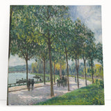 Black and white impressionist painting of a riverside village on stretched canvas, ideal for kitchen wall art.