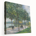 Side view of Alfred Sisley inspired stretched canvas featuring a pastoral landscape in muted green and blue tones.