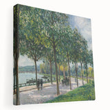 Side view of Alfred Sisley inspired stretched canvas featuring a pastoral landscape in muted green and blue tones.