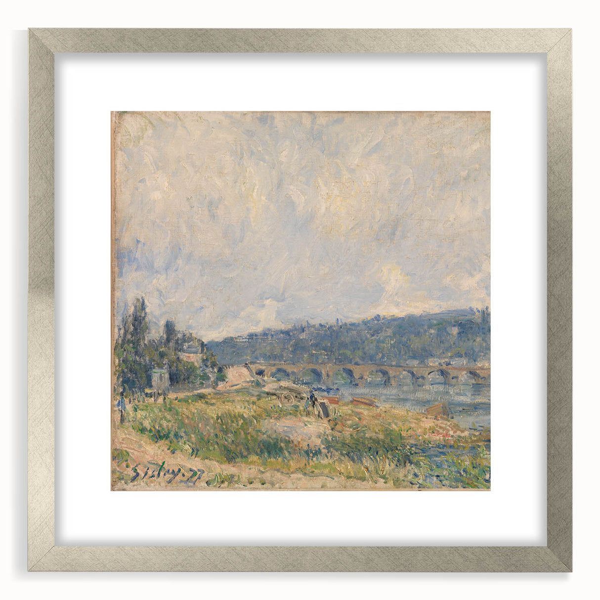 Textured art print of an abstract landscape in muted blues and greens on a framed canvas, suitable for bedroom decor.