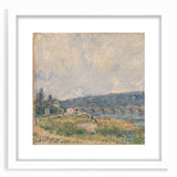 Abstract art print of a serene river landscape in soft pastel shades on a white-framed canvas.
