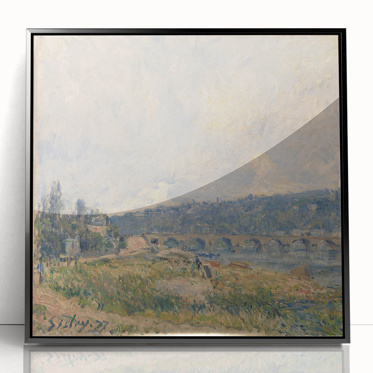 Large abstract wall art depicting a river scene in muted earth tones on a framed acrylic, ideal for modern living room decor.