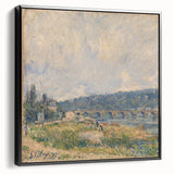 Black and white landscape art painting of a serene riverside, framed canvas in vintage style.