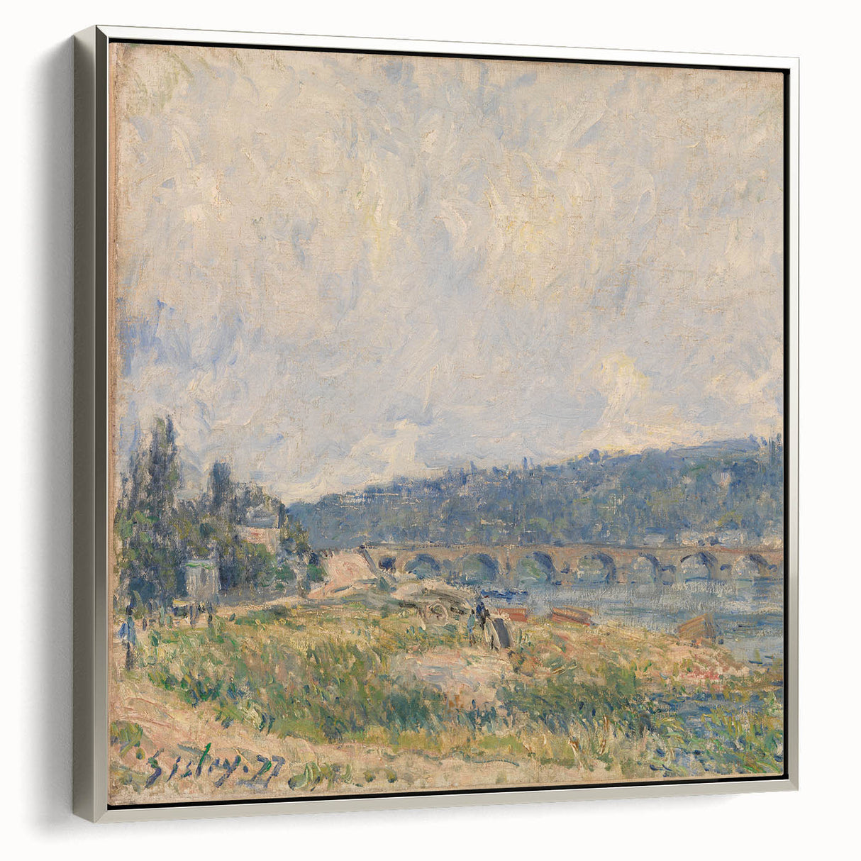 Framed canvas featuring a landscape art painting by Alfred Sisley, with muted earth tones.