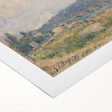 Art deco poster featuring a serene river landscape with soft blue and green tones on rolled canvas.