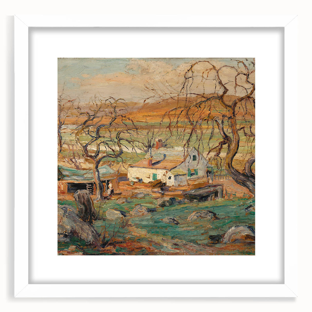 Abstract art print of a serene river landscape in soft blue and green hues on a white framed canvas.