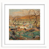 Abstract art print of a serene river landscape in soft blue and green hues on a white framed canvas.
