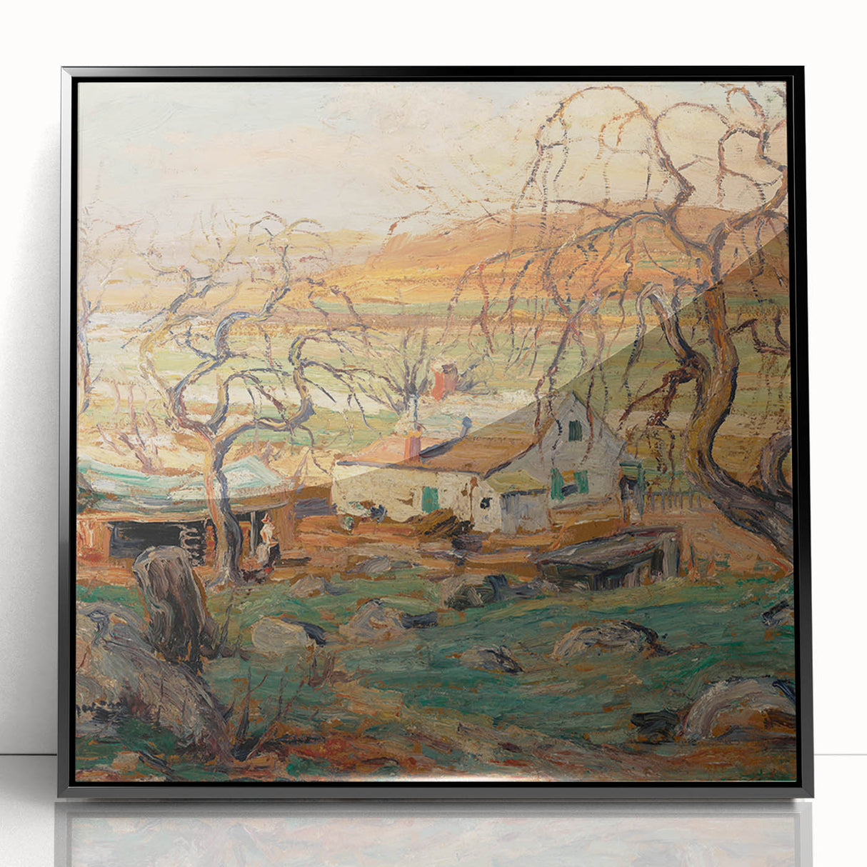 Large abstract wall art featuring mid-century modernist style in muted earth tones on framed acrylic.