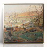 Mid-century modernist art featuring a serene river landscape in muted green and blue tones, framed acrylic.