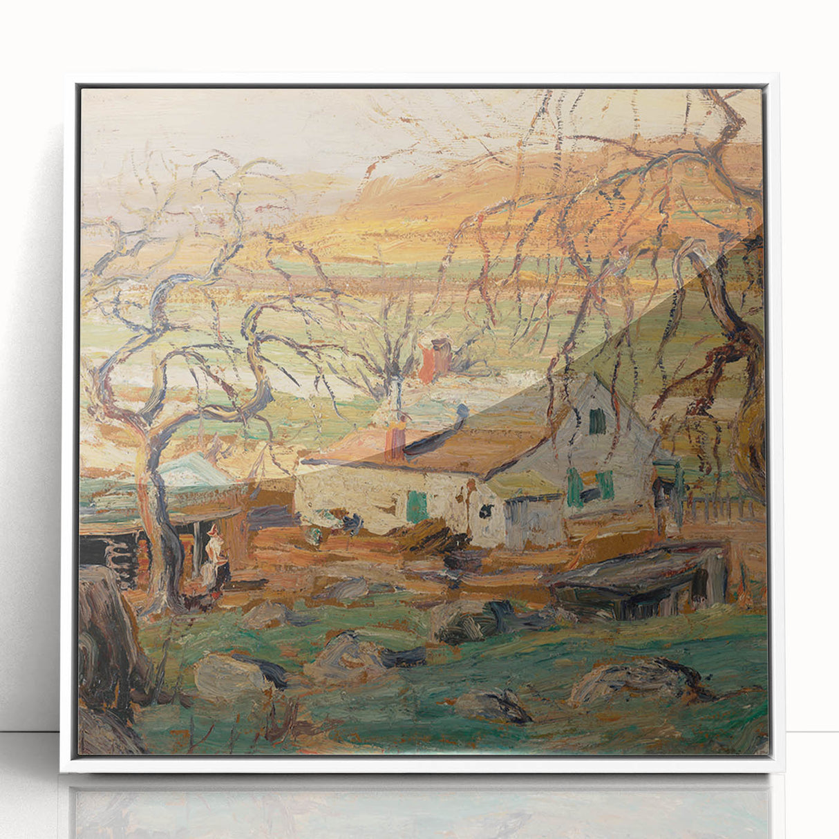 Acrylic print of Alfred Sisley's impressionist painting in soft pastel shades, framed in white.