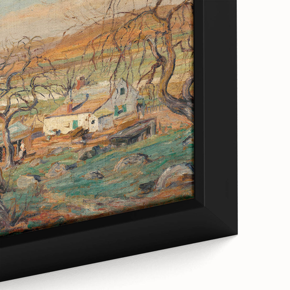 Close-up of a textured black wall art featuring colorful, impressionist-style brushstrokes on a framed canvas.