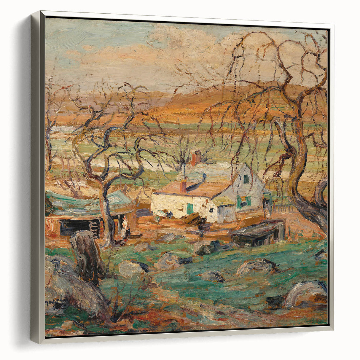 Framed canvas of a vintage Alfred Sisley landscape painting, featuring muted earth tones.