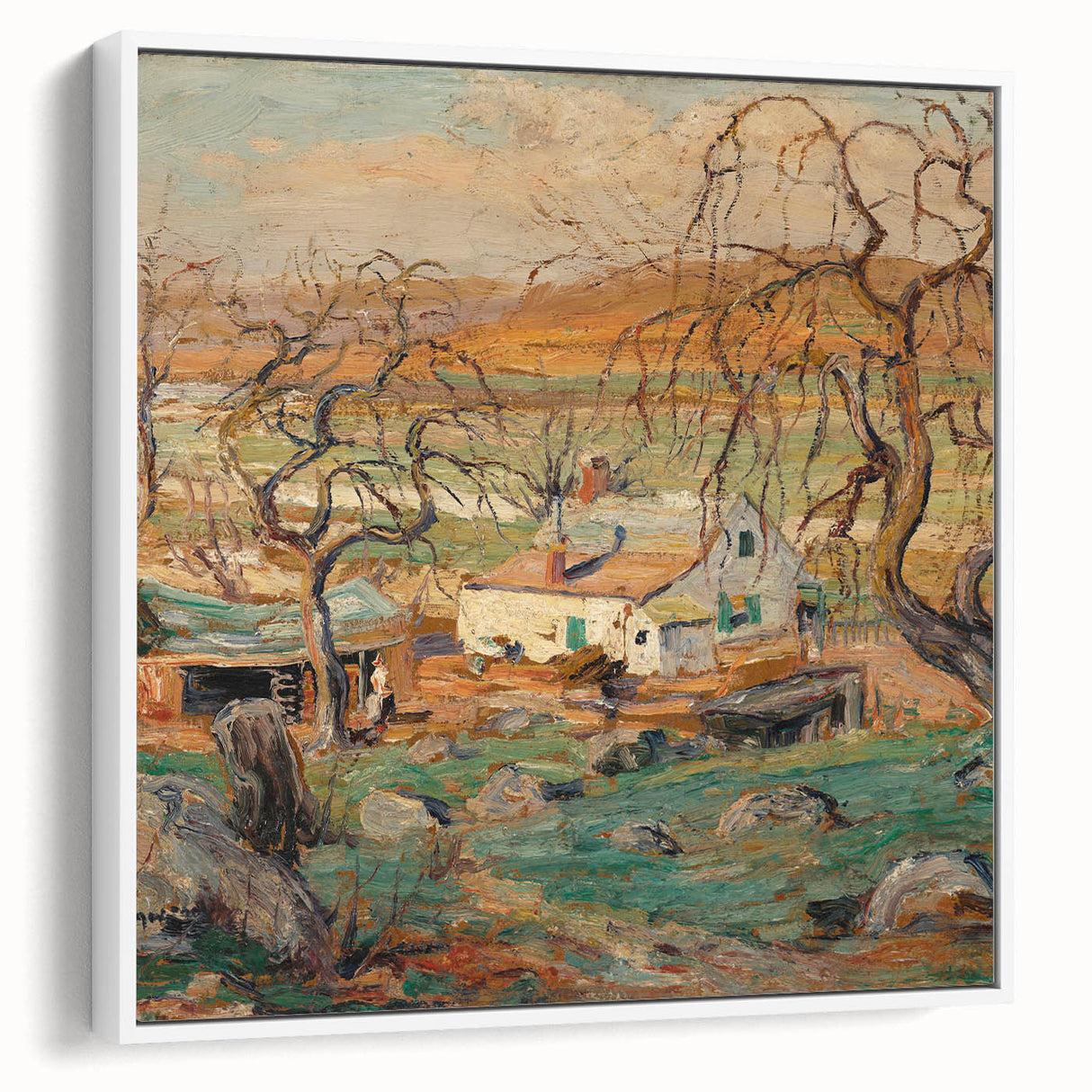 Vintage poster art of a colorful, abstract design on a large framed canvas.