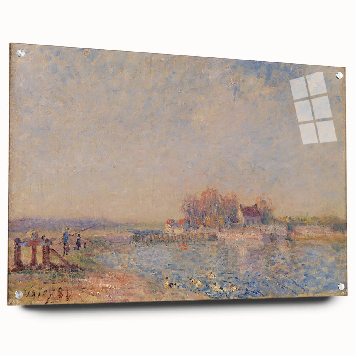 Acrylic print of an Alfred Sisley landscape with subtle green and blue tones, suitable for bedroom or dining room decor.