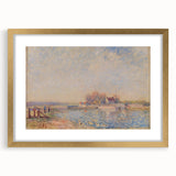 Extra large abstract art print featuring textured strokes in cool blue and gray tones, framed in gold.