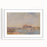 Abstract art print of a serene river landscape in soft blue and green tones on a framed white mat.