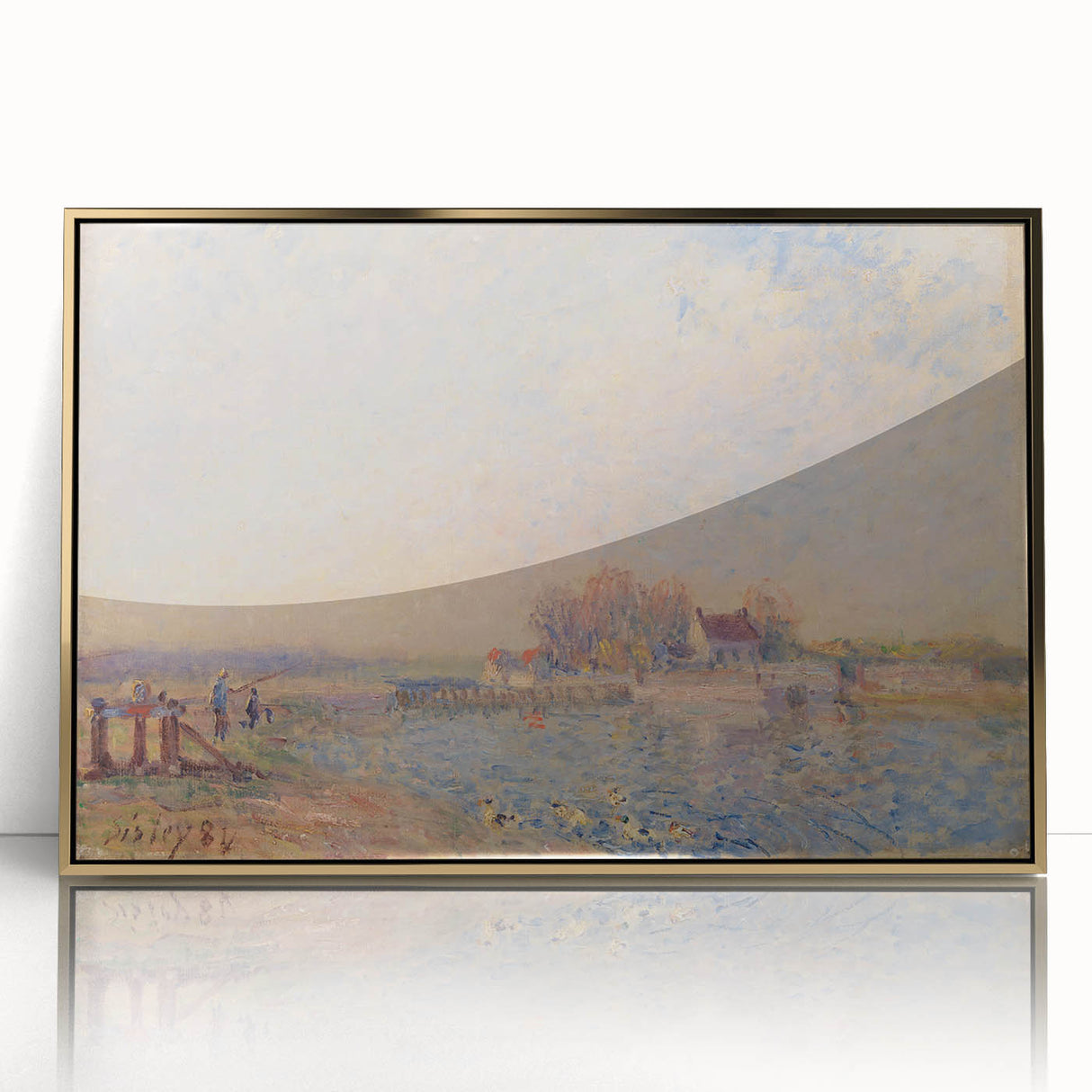 Mid-century modernist art by Alfred Sisley, featuring serene landscape in soft green and blue tones, framed in gold acrylic.