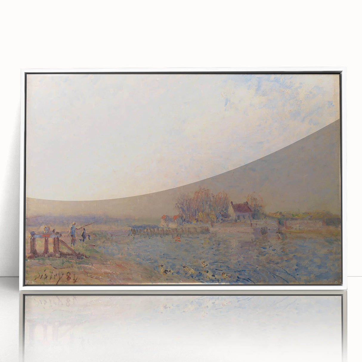 Art deco poster featuring a serene river landscape by Alfred Sisley, in muted green and blue tones, framed in white acrylic.