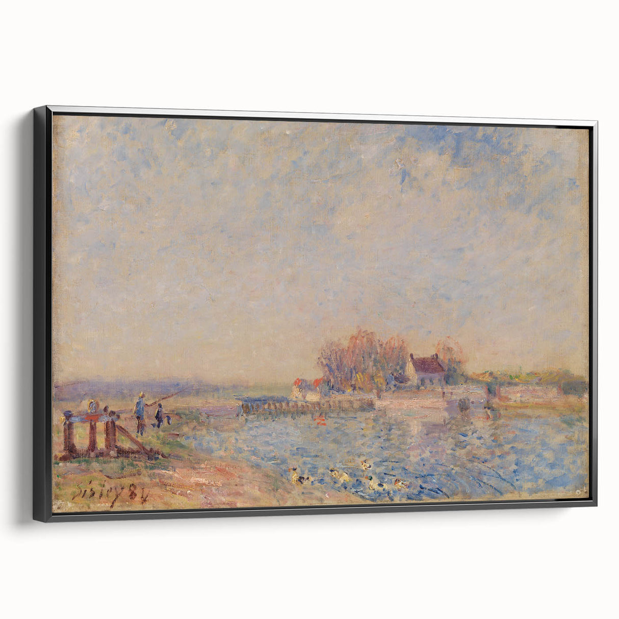 Black and white framed canvas of Alfred Sisley's landscape painting, ideal for bedroom wall art.