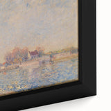 Close-up of a black framed canvas featuring a textured, colorful impressionist-style landscape.